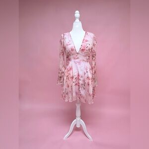 Double Crazy Pink Floral V-Neck Chiffon Mini Dress